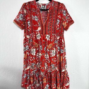 Jaase Boho Floral Mini Dress Tiered Orange Red Crochet V-Neck Medium Flowy